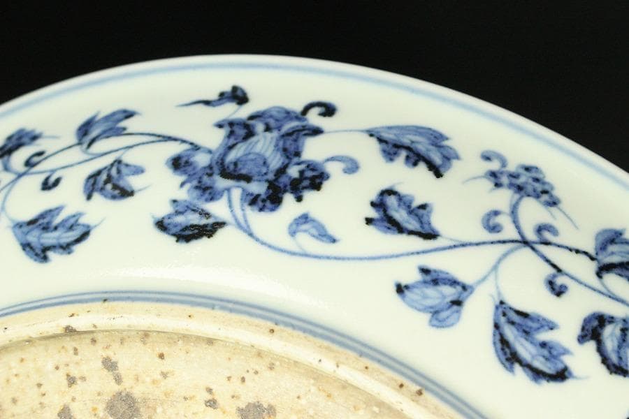 中国美術 青華 獣紋 纏枝蓮花紋 皿 φ40cm(ZE921)