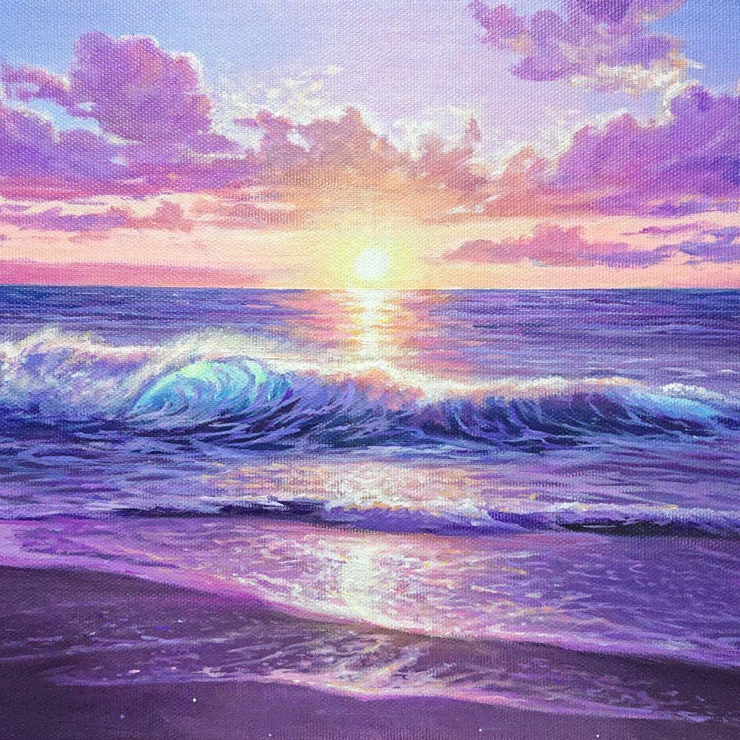 【夕闇が迫る時】アクリル画 F3 風景画 絵画 海の絵