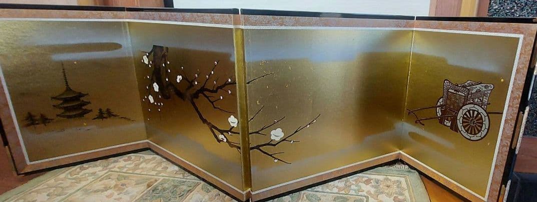 骨董品　アンティーク　純木製品梅御所　屏風