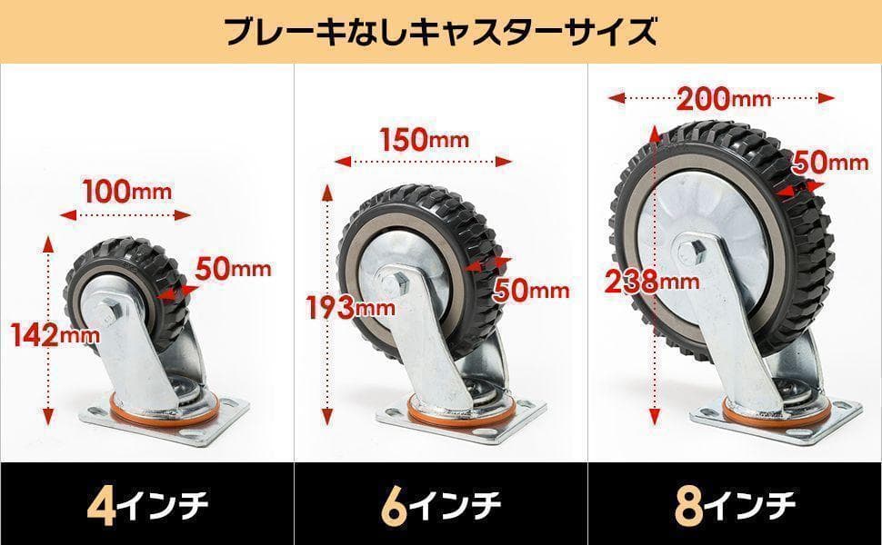 産業用キャスター 8インチ 4個 ブレーキ有×2個 ブレーキ無×2個 1785