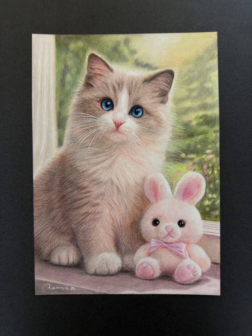 色鉛筆画A4 窓辺のともだち