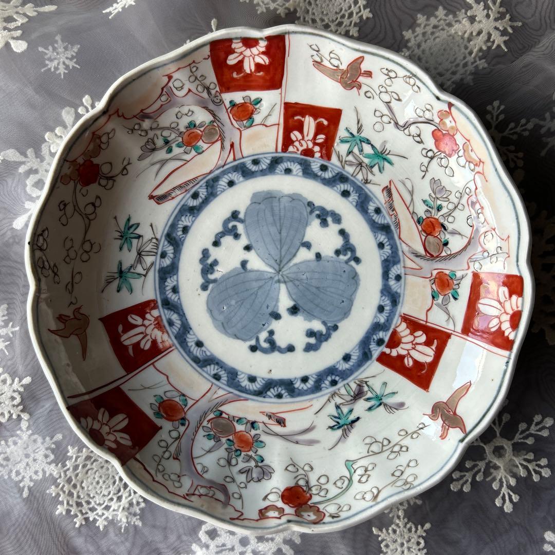 古伊万里　骨董　アンティーク　色絵赤絵梅竹千鳥文　7寸皿　2枚セット
