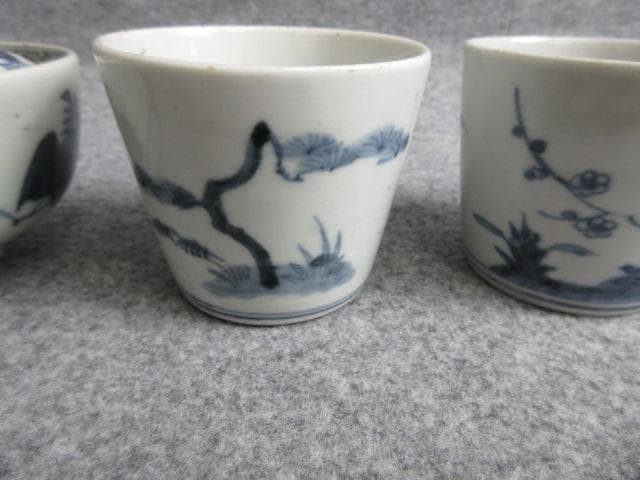 古伊万里染付蓋茶碗2個と蕎麦猪口3個 [B28765]