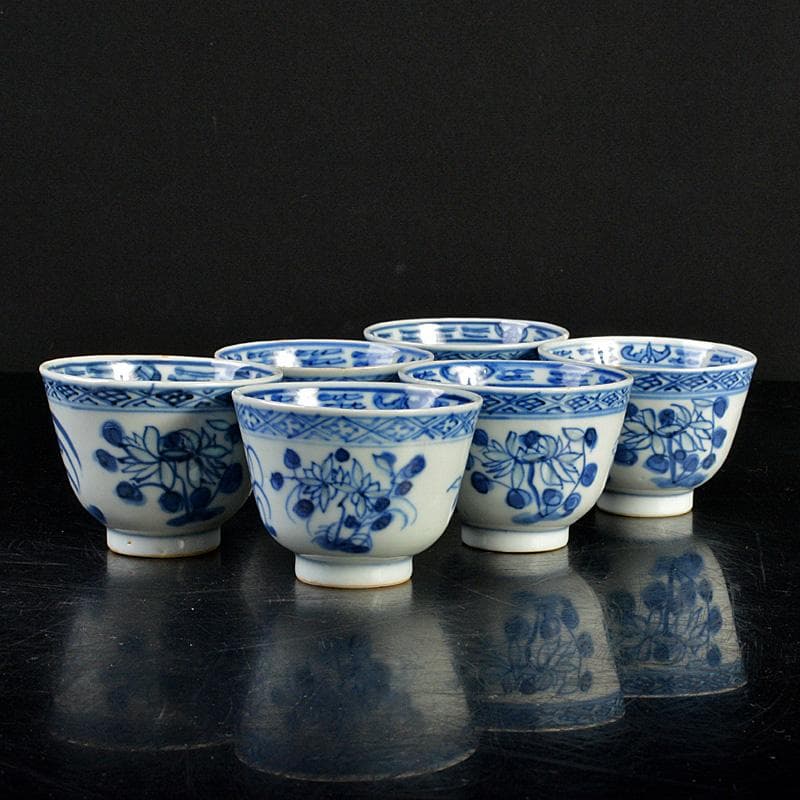 煎茶道具　康煕年製款　青花蓮花文　透蛍手煎茶碗　六客　H　R7457