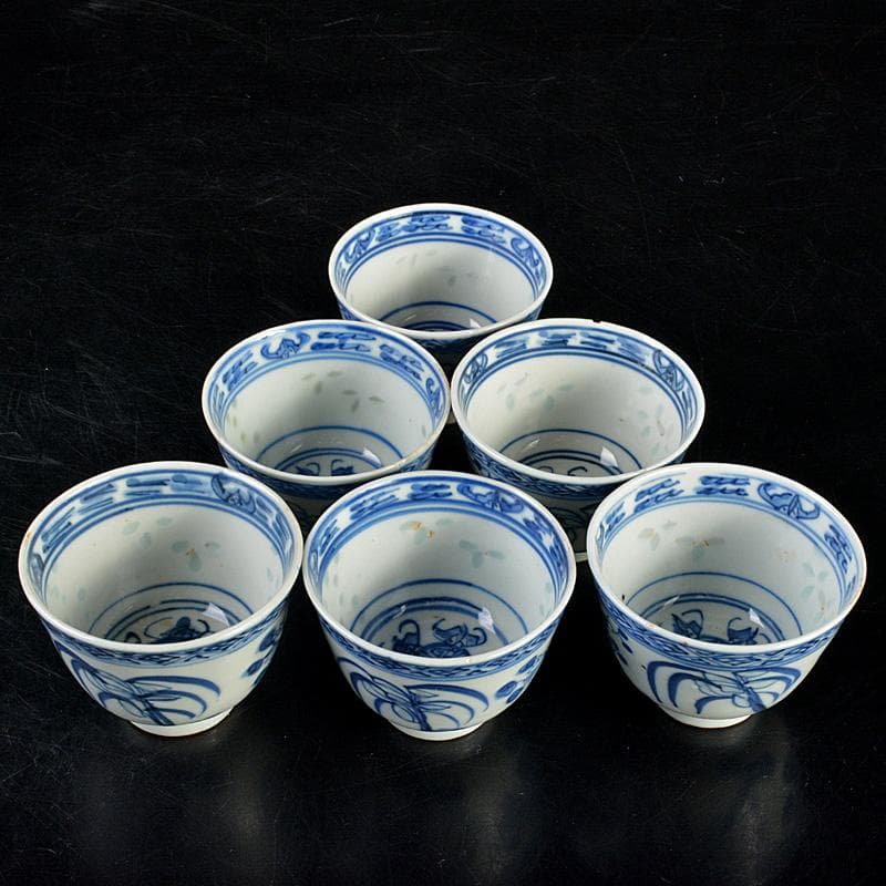 煎茶道具　康煕年製款　青花蓮花文　透蛍手煎茶碗　六客　H　R7457