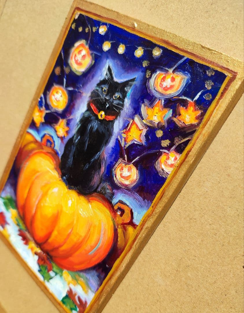 「ハロウィン　キャット」油絵　原画　オリジナル　１点物　絵画
