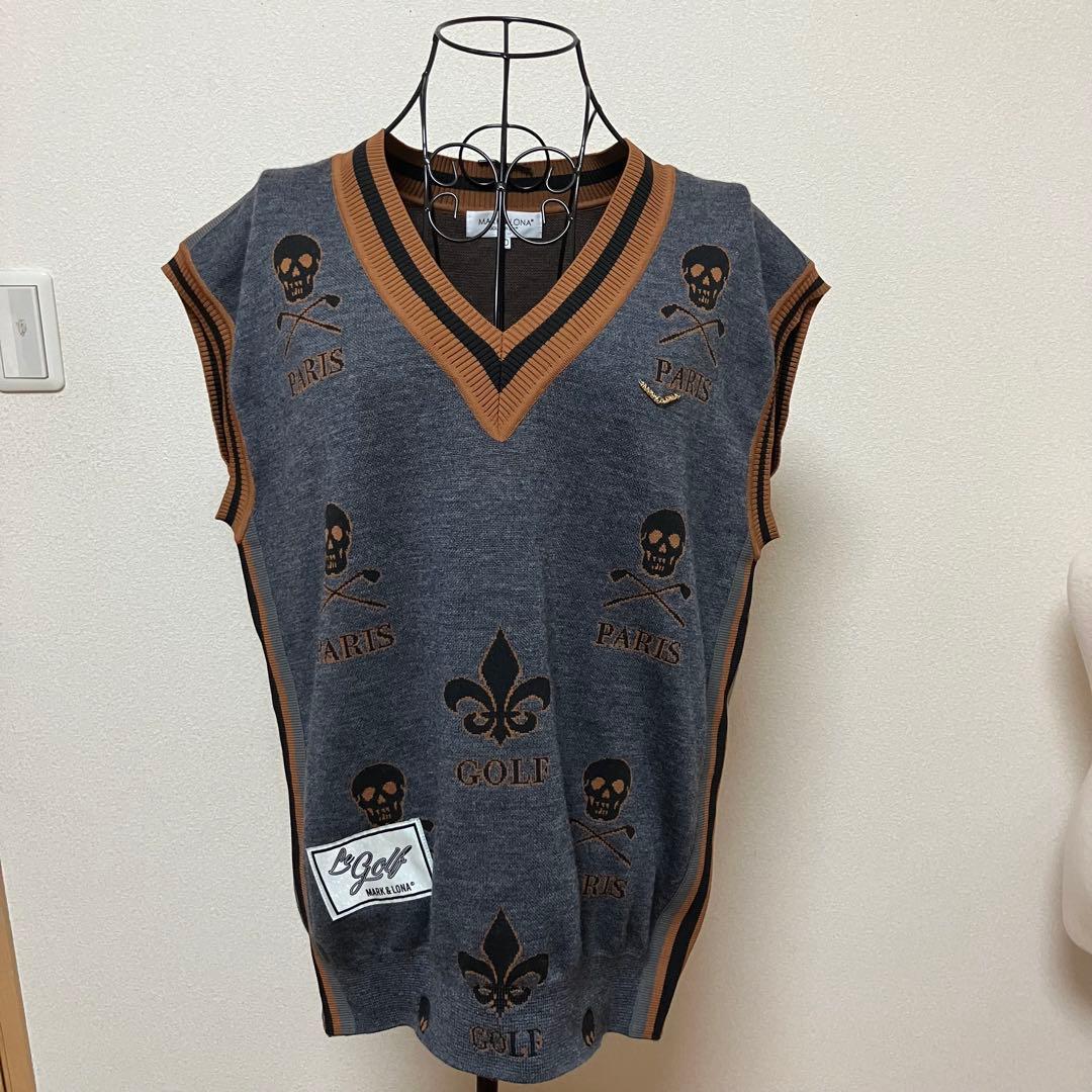 ☻MARK&LONA☻スカル総柄ニットベスト♠グレー♠XL