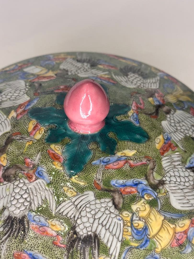 大清雍正年製 款 色絵 蓋物 果子器 菓子器 中国古美術 清代 蓋盒 鶴と花