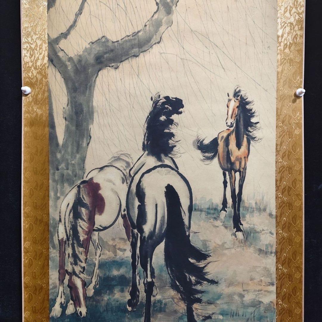 徐悲鸿 骏三骏图 中国画 掛け軸 水墨画 和室 玄関 茶室 壁掛け 美術品