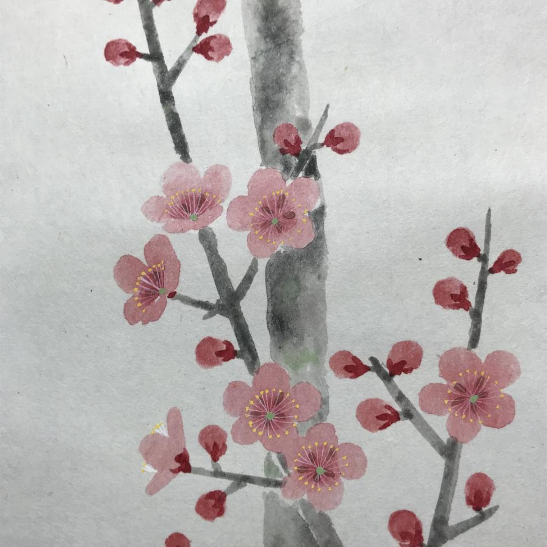 【真作】香翠/紅梅一茶句/花図/早春図/掛軸/名家伝来/AC-715