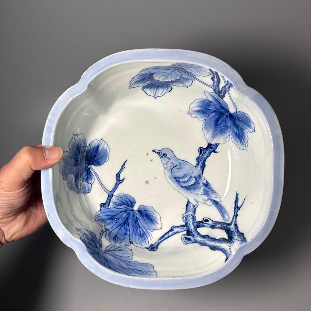 江戸後期〜明治期　古伊万里　染付鶯の図木瓜形鉢　直径24cm　名品　豪商旧蔵品