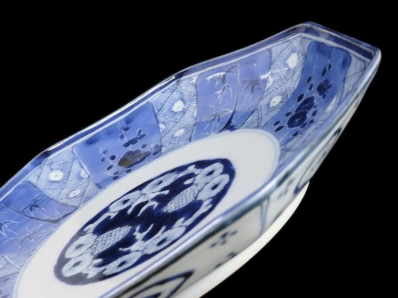 古伊万里　染付　墨弾き　松竹梅の図　八角7寸皿　N1149AS-DCv