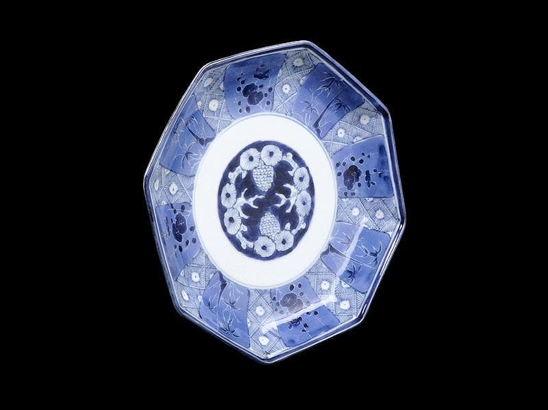 古伊万里　染付　墨弾き　松竹梅の図　八角7寸皿　N1149AS-DCv