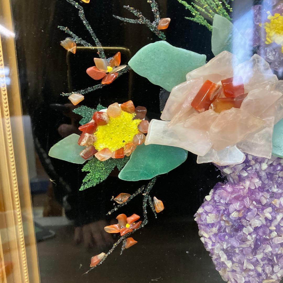 豪華 工芸品 天然石アート 石画 花瓶の華 額装 彫刻 アート ストーンアート