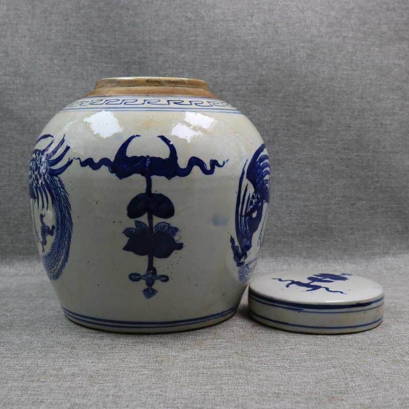 青花鳳紋陶磁蓋壺 景徳鎮 陶磁器 装飾品 現代工芸品 美術品 置物