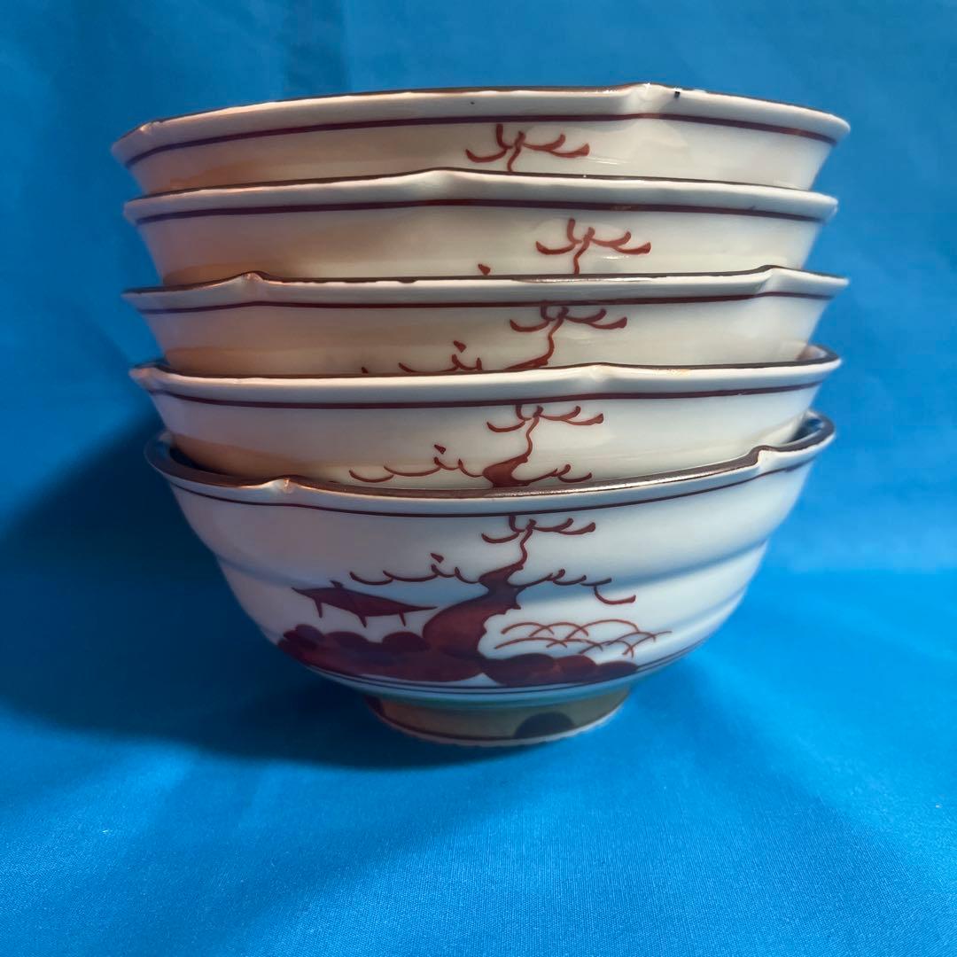 波佐見焼　林九郎窯　染付山水　赤絵　中鉢揃　5枚セット　煮物鉢　輪花鉢　丼ぶり