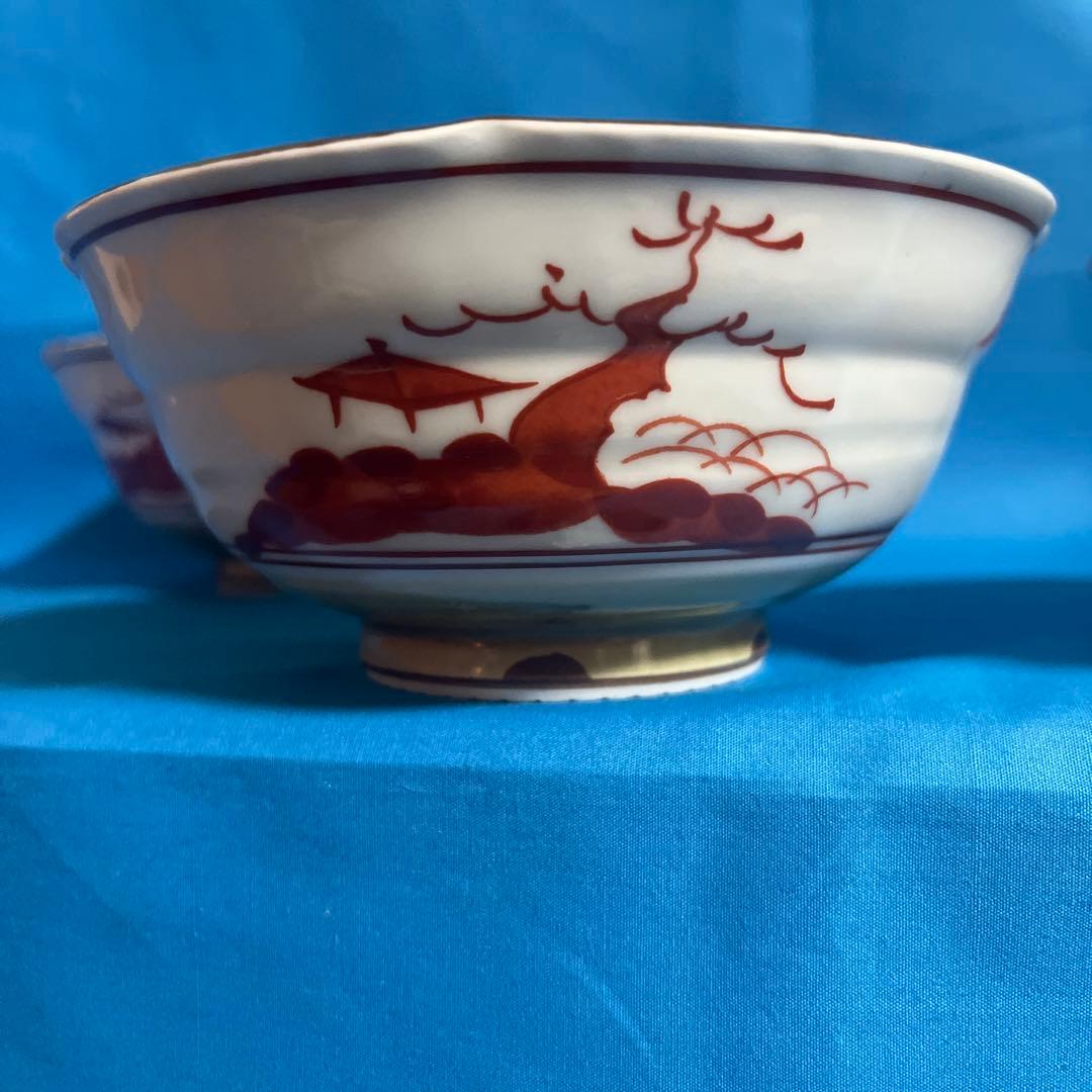 波佐見焼　林九郎窯　染付山水　赤絵　中鉢揃　5枚セット　煮物鉢　輪花鉢　丼ぶり