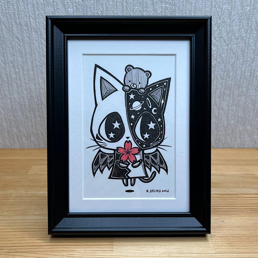 動物 原画 絵 手描き 癒し 猫 さくら 一点物 額縁付き 『手のひらの春』