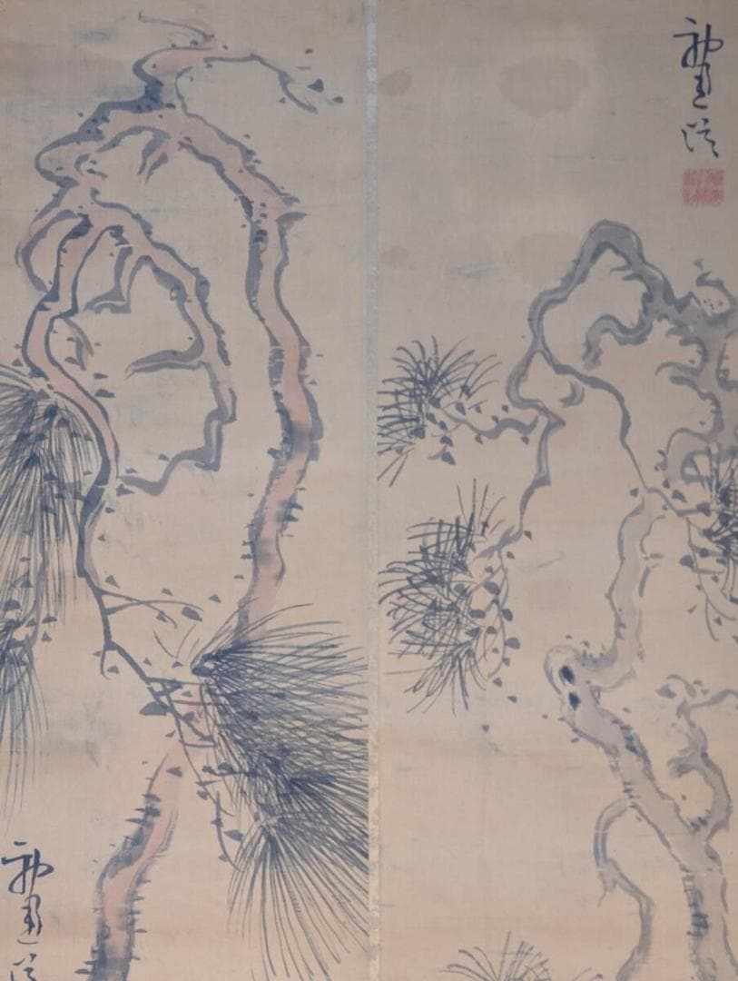 【真作】掛軸　老松図　墨画淡彩　松樹の古雅な風情　山水画逸品　V58