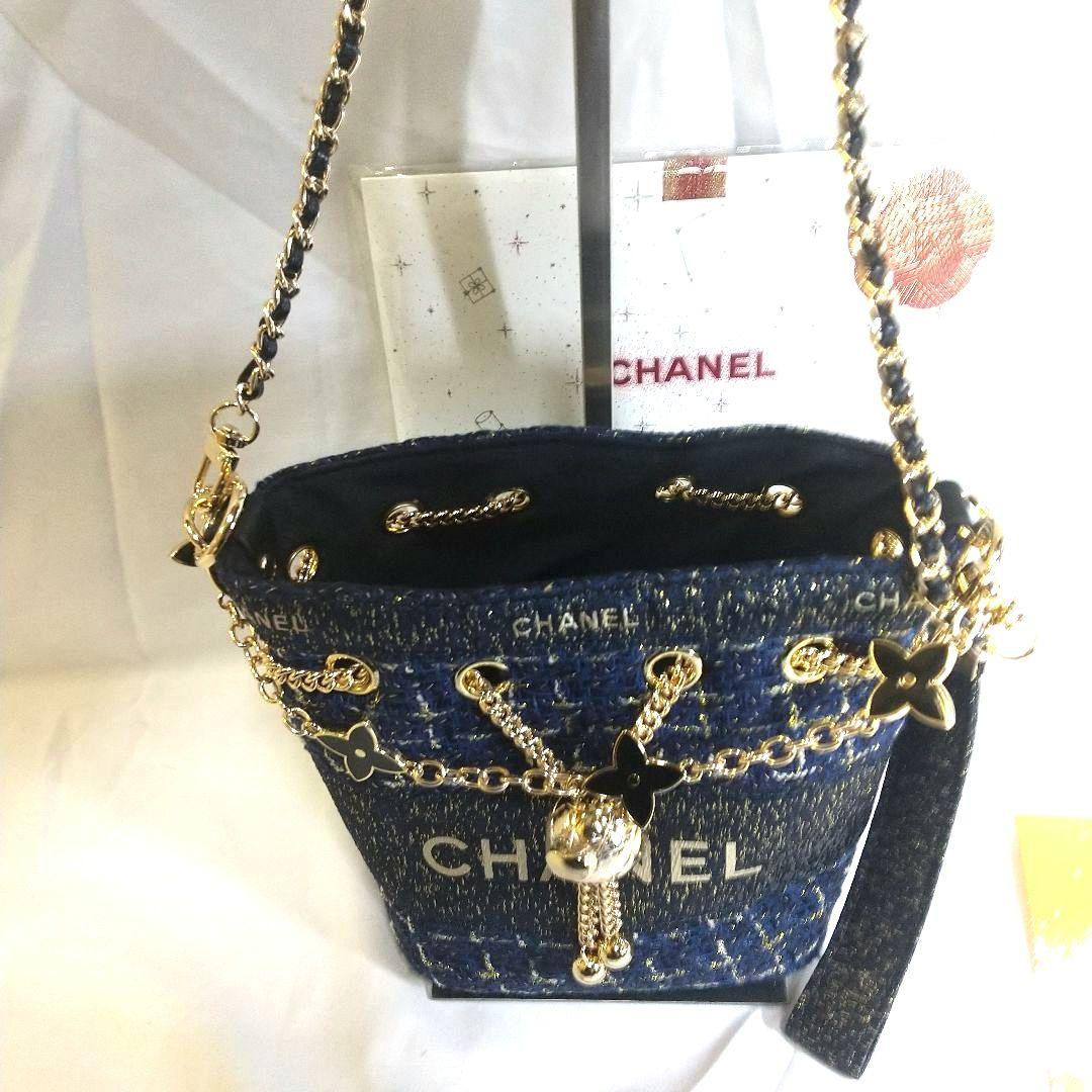 新品極美品CHANELノベルティツイードバケットショルダバックネイビー非売品