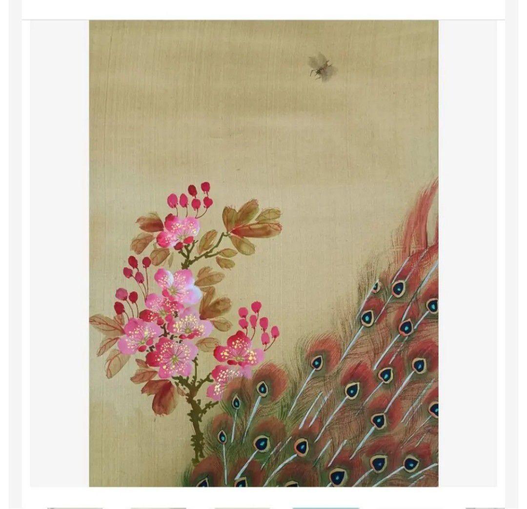 金運開運◎【孔雀と蜂の吉祥花図】縁起物 掛け軸 和室小物 花鳥風月