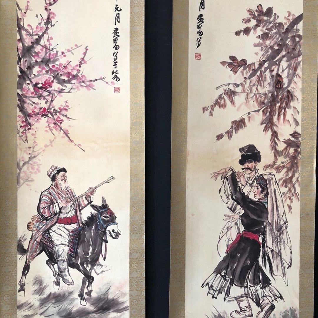 【黄冑・四条屏】「辺疆意趣」掛軸セット　表装済み／全体163×38cm