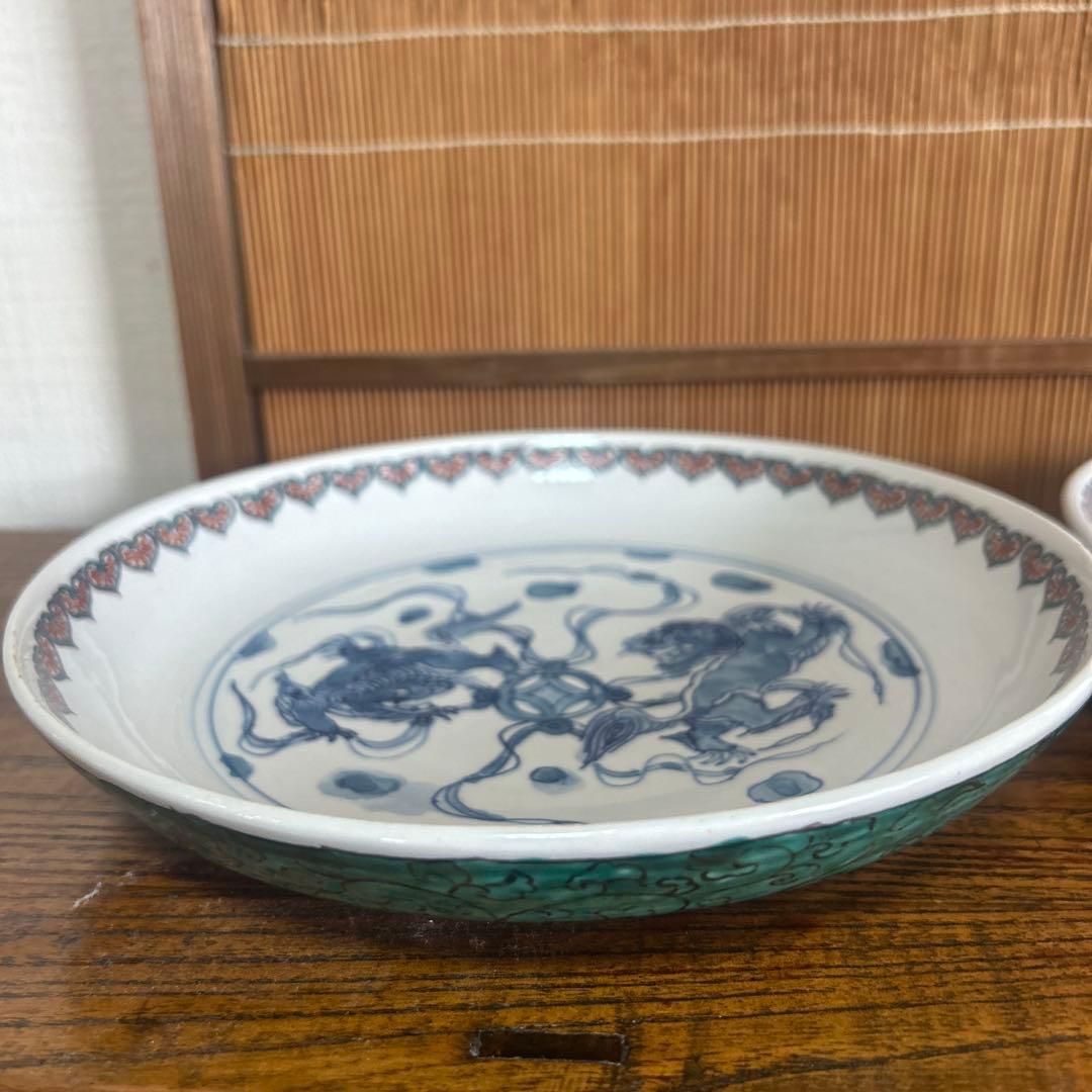 九谷焼　染付龍　鳳凰　獅子　三枚組中皿