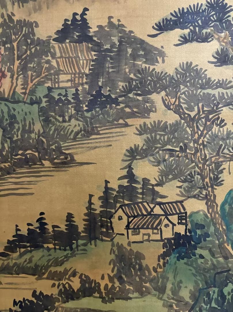 中国古美術 王鑑作款 水墨画 山水画 詩文付き 三尺 絹本 手描き 唐物 肉筆