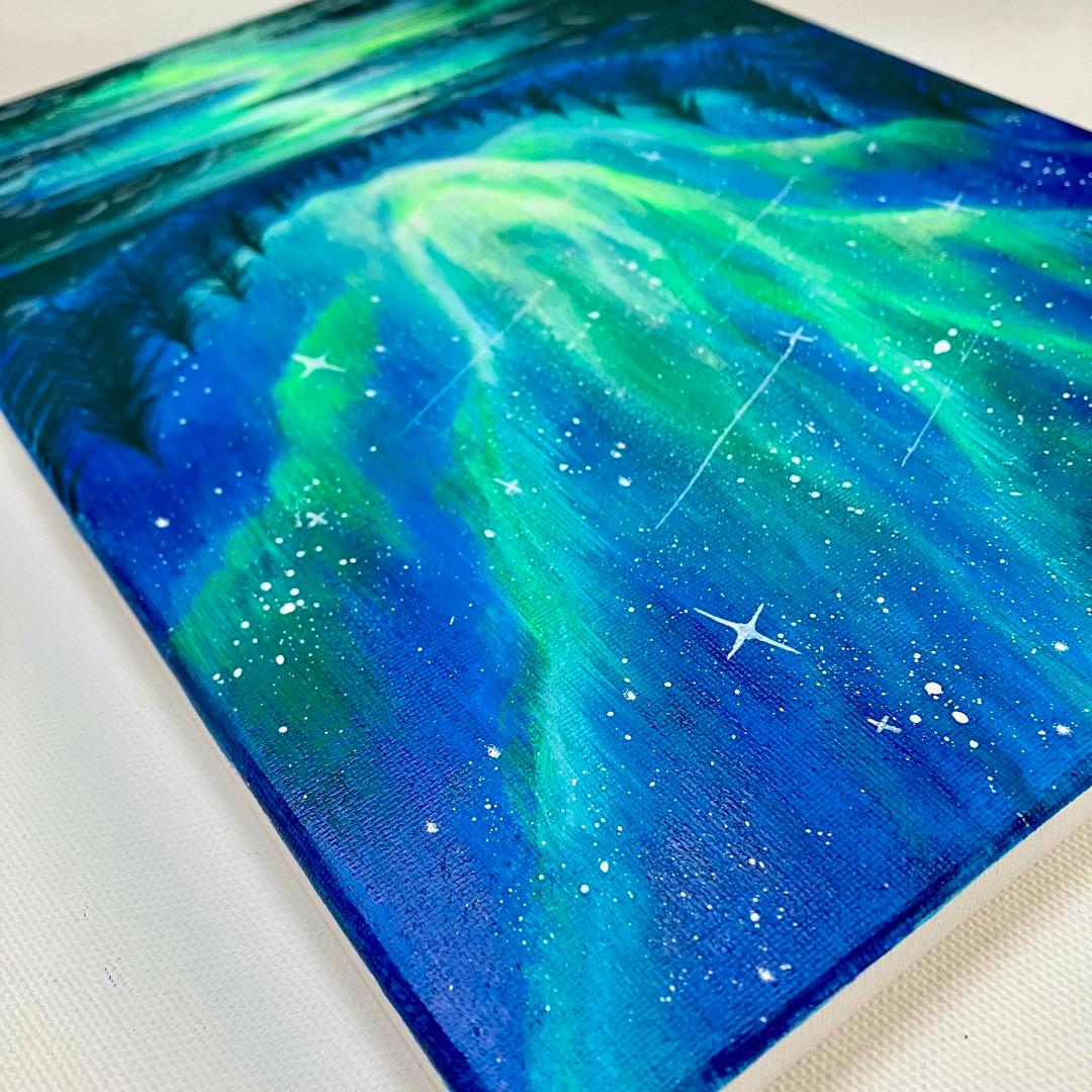 オーロラの夜景＊絵画　原画　風景画　冬　クリスマス　夜空　星空　アクリル原画