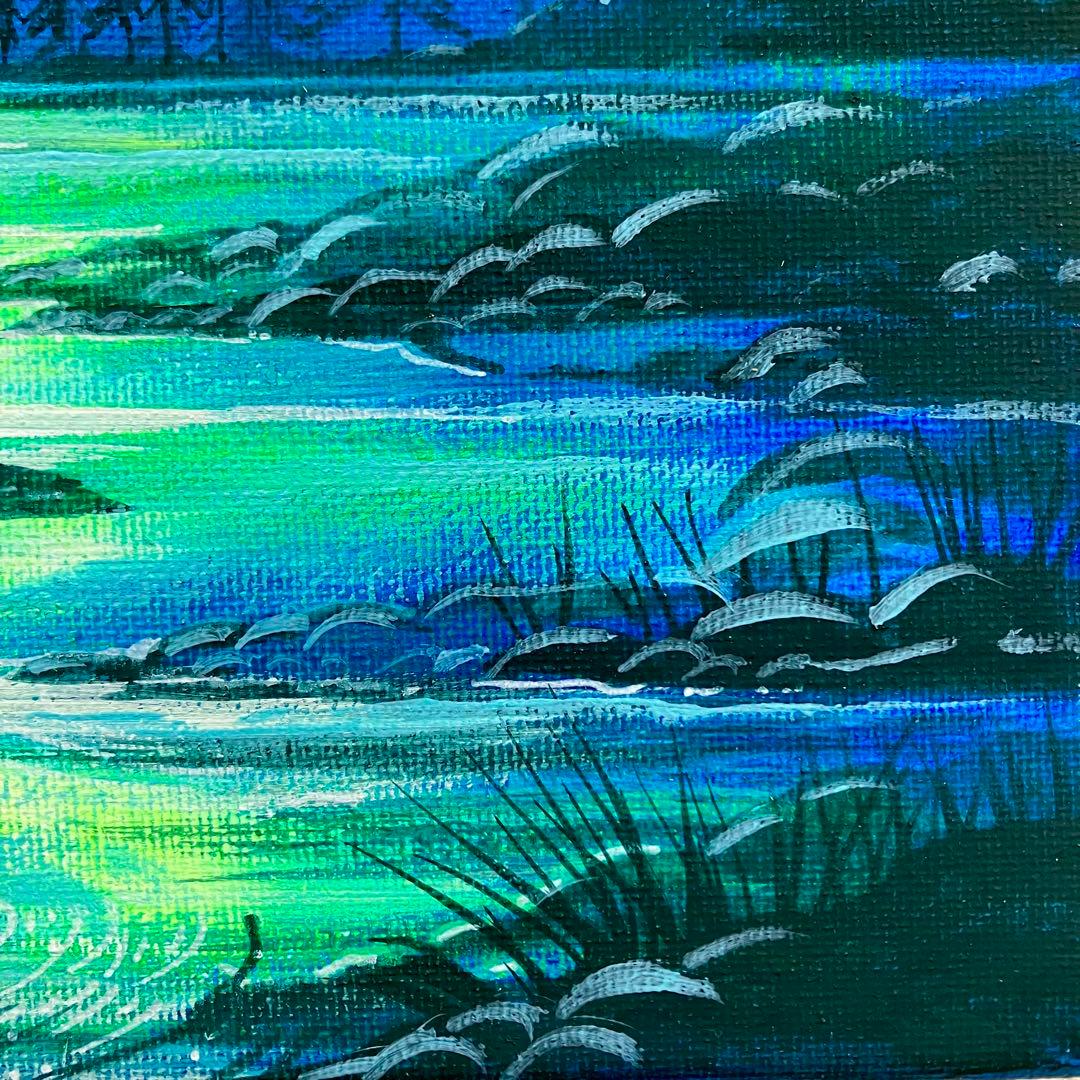 オーロラの夜景＊絵画　原画　風景画　冬　クリスマス　夜空　星空　アクリル原画