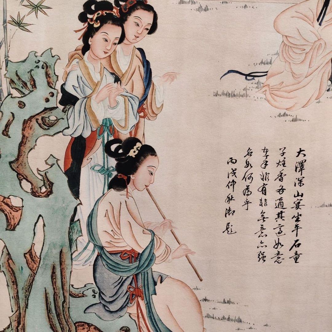 郎世寧 仙宮仕女図　中堂掛け軸　中国宮廷人物画　宣紙　書画工芸