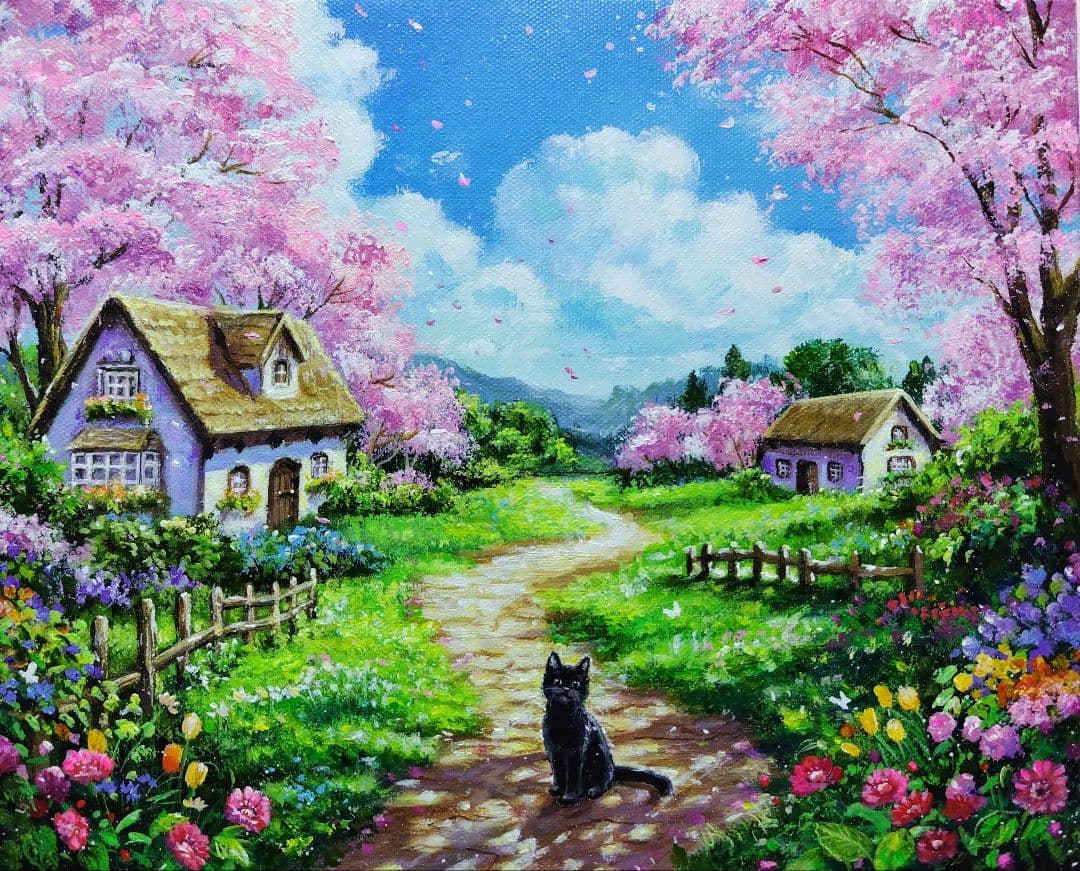 【春満開の日】アクリル画 F3 風景画 絵画