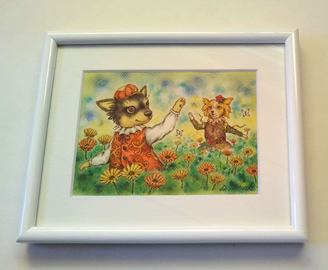 特別価格★【原画】『ディモルフォセカ』（花　植物　犬　チワワ　パピヨン　癒し）