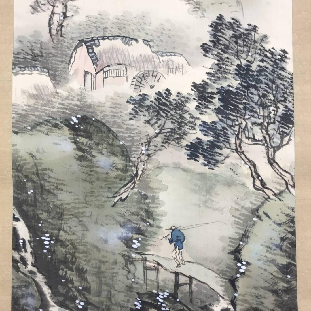 真作/田中頼璋/夏景山水図/釣人図/人物図/掛軸☆宝船☆AK-821