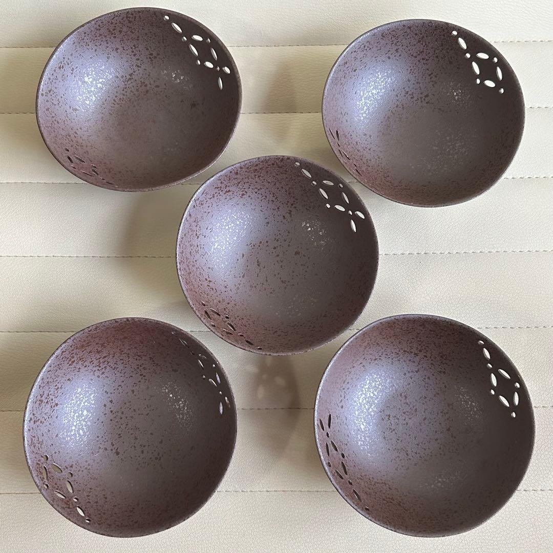 たち吉　七宝紋透かし　小鉢揃　5枚セット　小付　珍味入れ　和食器　土物　茶モダン