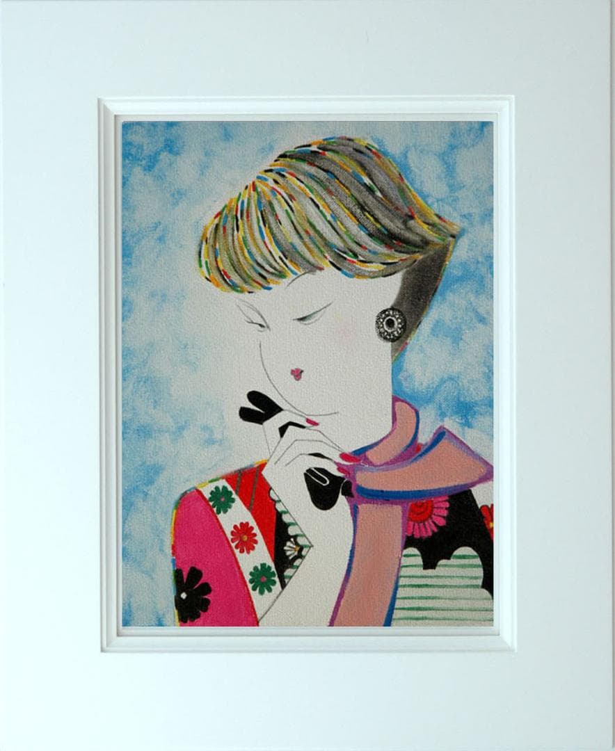 油絵 菅家令子 絵 絵画インテリア 額付(青緑＋金色の枠)F3-010311女性