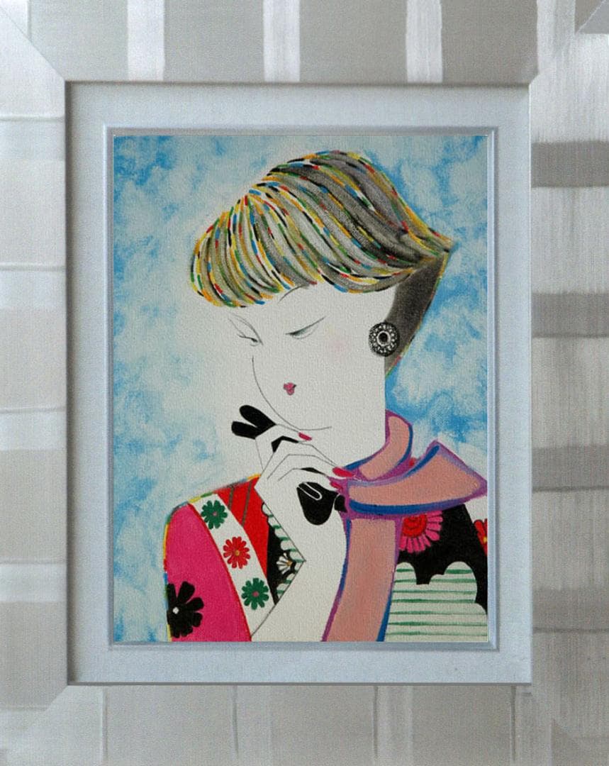 油絵 菅家令子 絵 絵画インテリア 額付(青緑＋金色の枠)F3-010311女性
