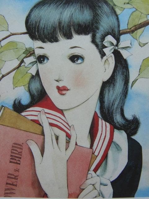 昭和レトロ、中原淳一、【若葉】、美少女、年代物・希少画集画 、新品高級額 額装付