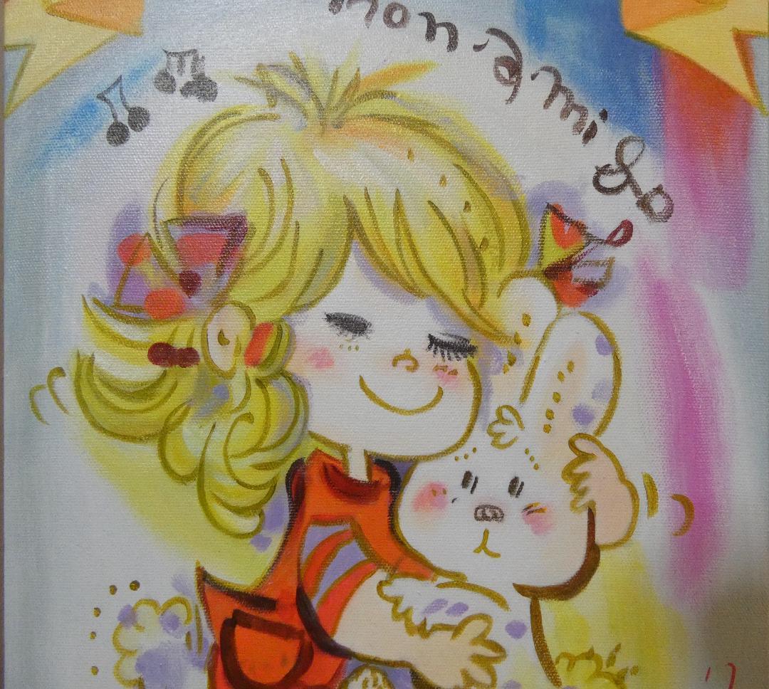 人物画　油絵　水森亜土　女の子　F6号　額付き　手描き　肉筆