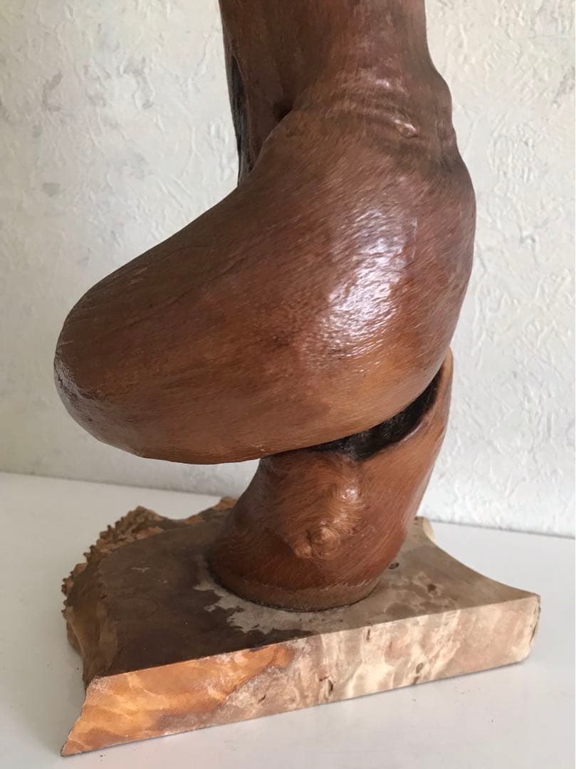骨董品　天然木台付きくりぬき花瓶　木製抽象花器 高さ約30cm