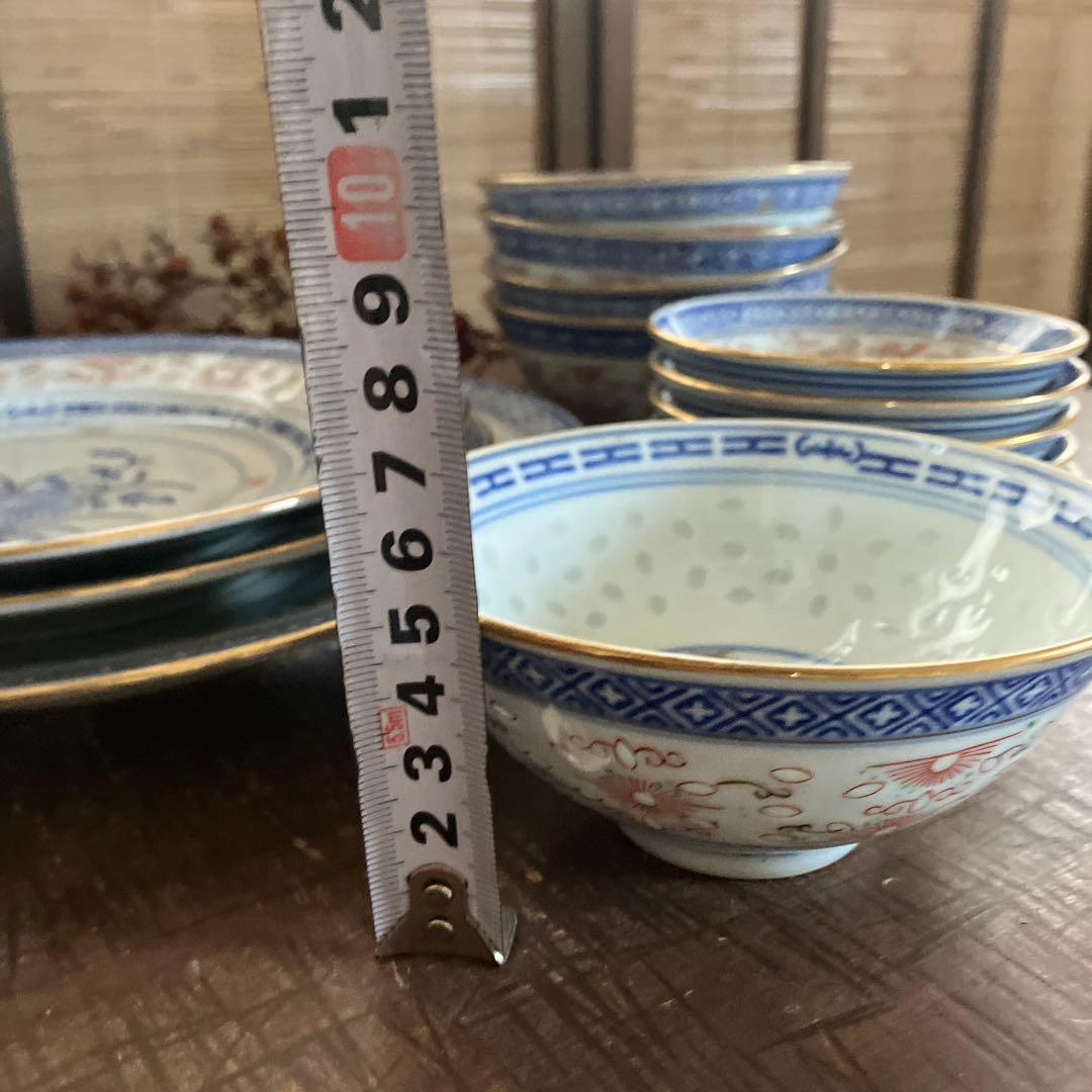 希少！【中国景徳鎮】蛍焼 大皿　小皿　ボウル　鉢　飯碗　金彩赤彩青花図