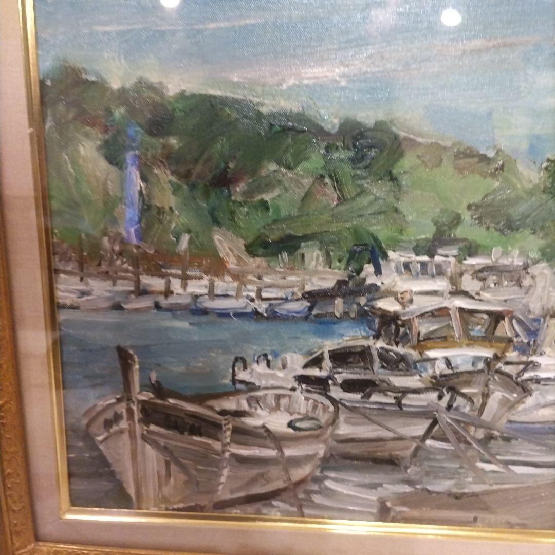 堀太郎　油彩画 港の風景 金色フレーム