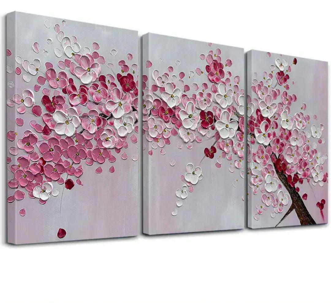 【額入り】ピンクの桜の花 3パネルセット ☆ 花の絵