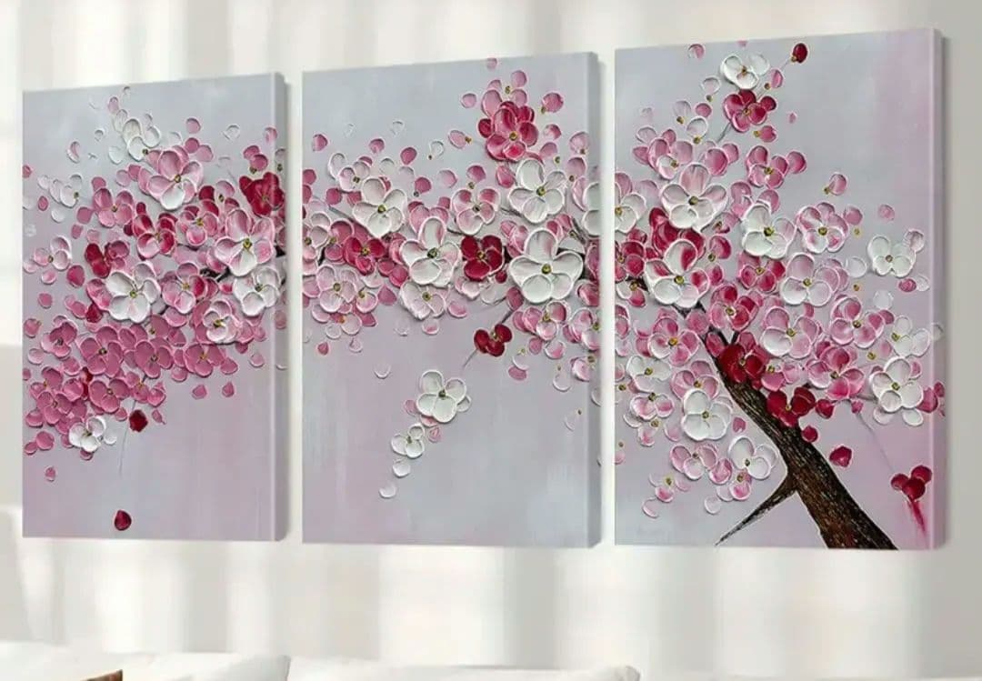 【額入り】ピンクの桜の花 3パネルセット ☆ 花の絵