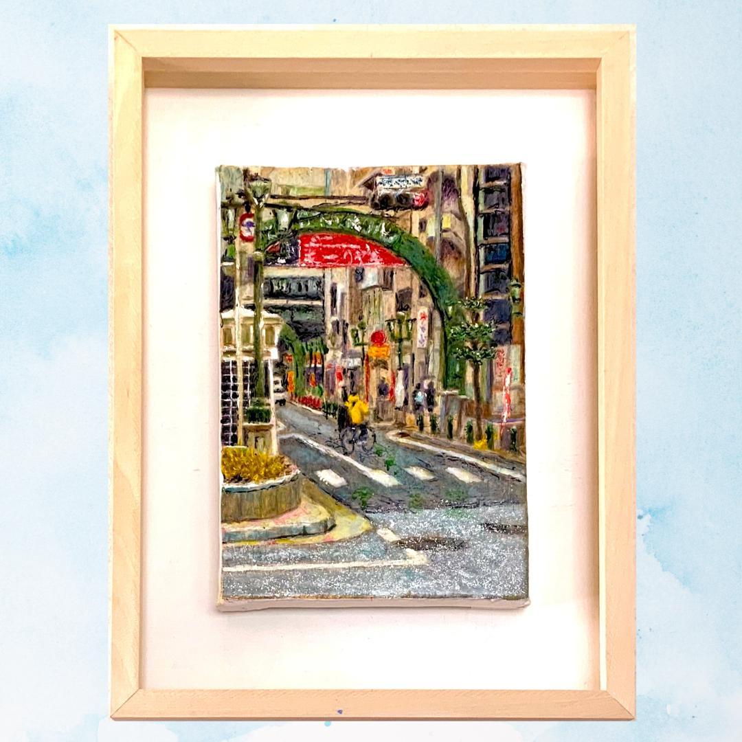 風景画/おしゃれな街の風景「冬の神戸市三宮」油絵SM 木製フレーム付き