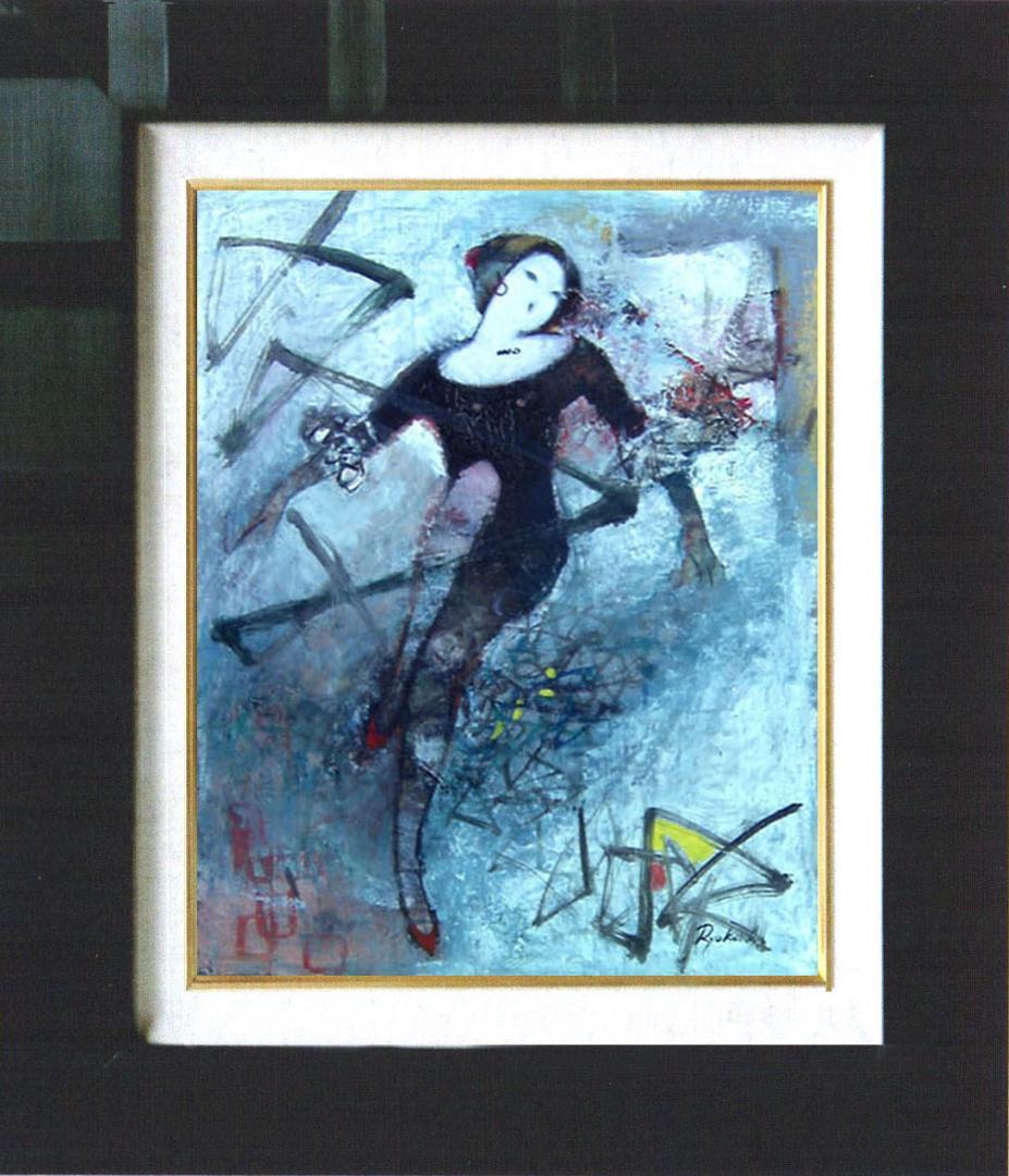 油絵 菅家令子 絵 絵画インテリア額付(青緑＋金色の枠) F6-212023女性