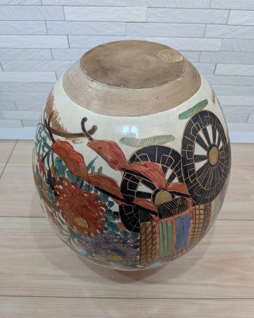 仁清写　 岡田暁山作　毛彩色絵花御所車図　四耳壺　飾壺　共箱茶道具