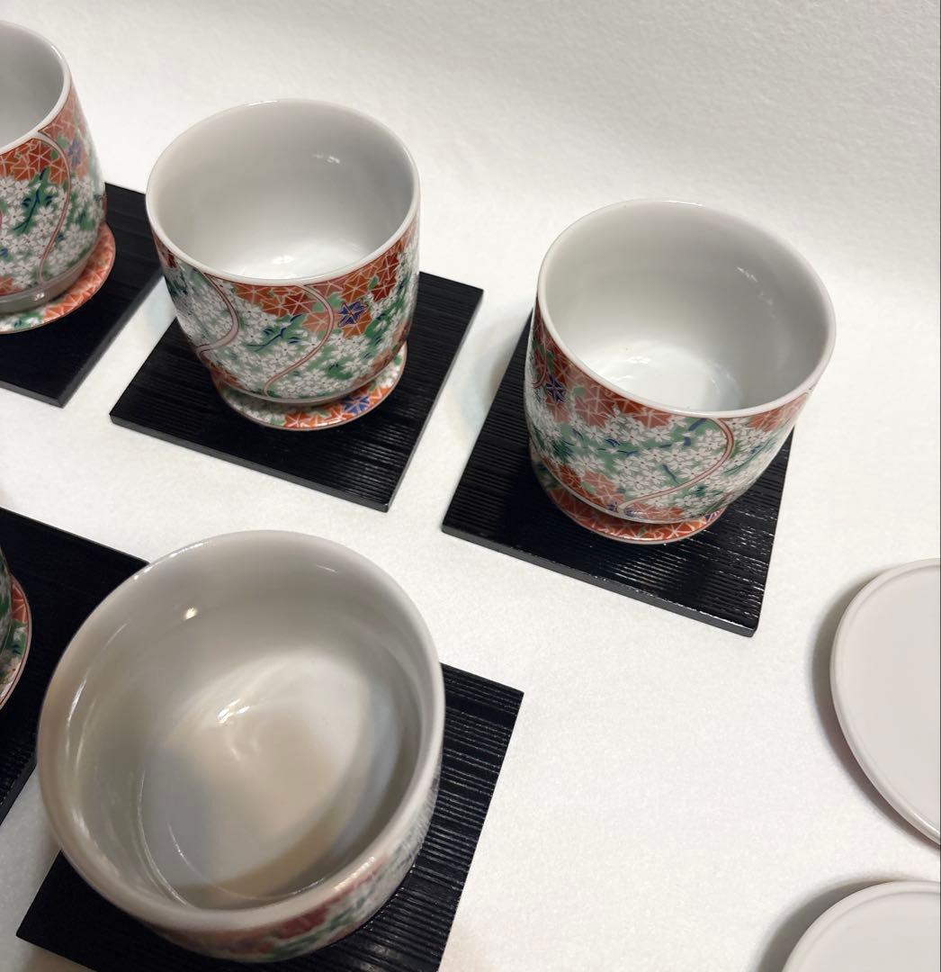 藍窯 錦春秋蒸し碗 茶碗蒸し 蓋物 木製＋陶器台付 桜 紅葉 和食器 5客