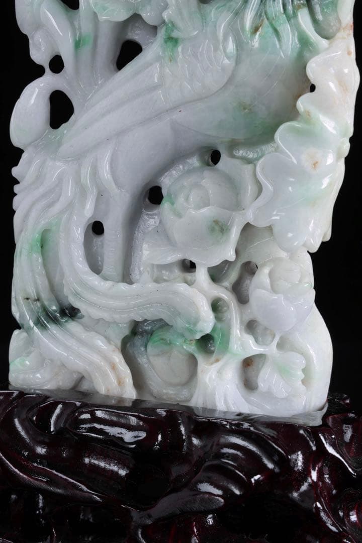 翡翠玉石彫刻 淡紫 鳳凰透彫置物 約615g 台座付 中国古玩 古美術 木箱付