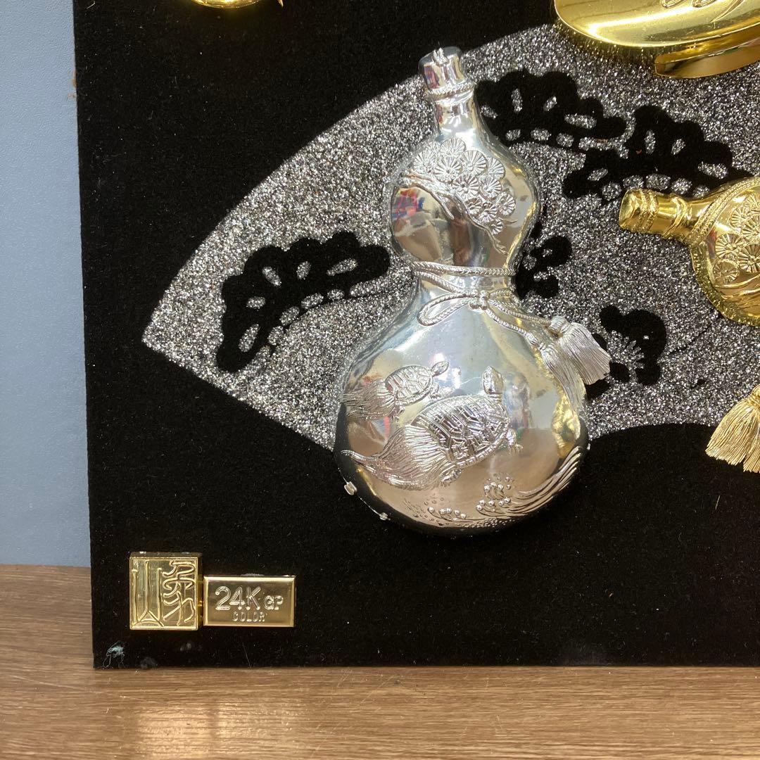 24K GP 金工 額装パネル 縁起物 鶴亀 ひょうたん 松竹梅 慶事 雑貨
